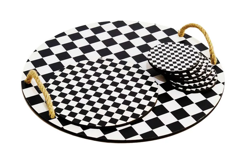 Träbricka & glasunderlägg 8-pack, Svart/Vit