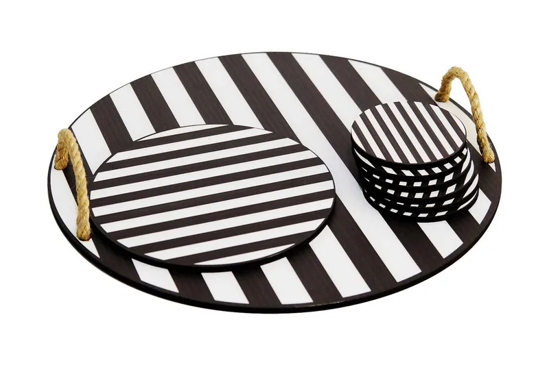 Träbricka & glasunderlägg 8-pack - Svart/Vit - Kök & hushåll - Servering & dukning - Fat & brickor - Serveringsfat & serveringsbricka