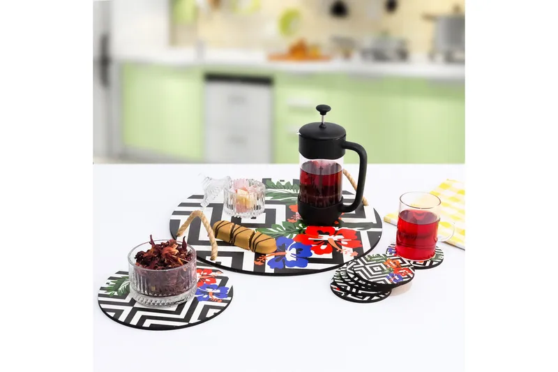 Träbricka & glasunderlägg 8-pack - Flerfärgad - Kök & hushåll - Servering & dukning - Fat & brickor - Serveringsfat & serveringsbricka