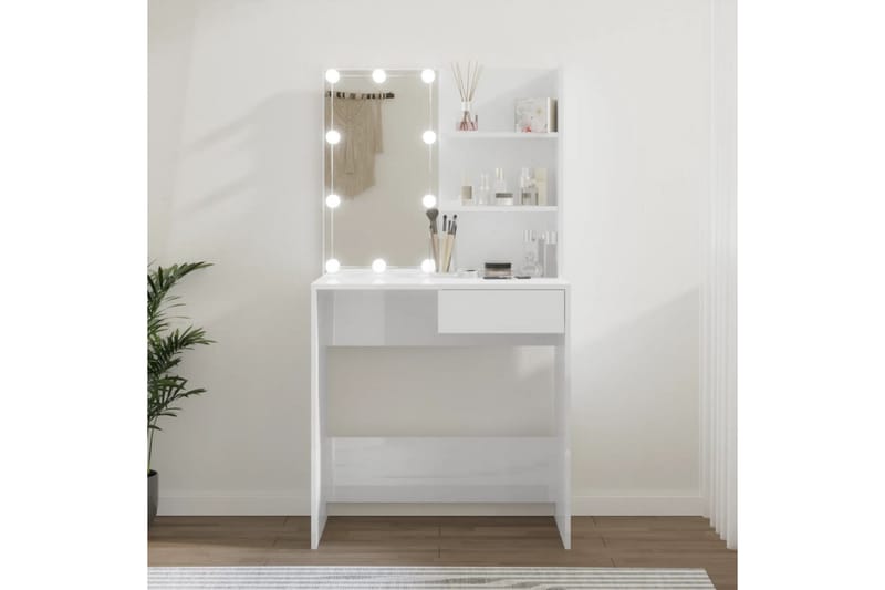 beBasic Sminkbord med LED vit högglans 74,5x40x141 cm - Möbler - Bord
