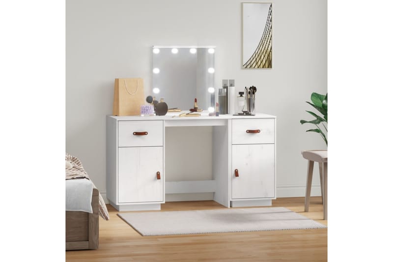 beBasic Sminkbord med spegel LED vit massiv furu - Möbler - Bord