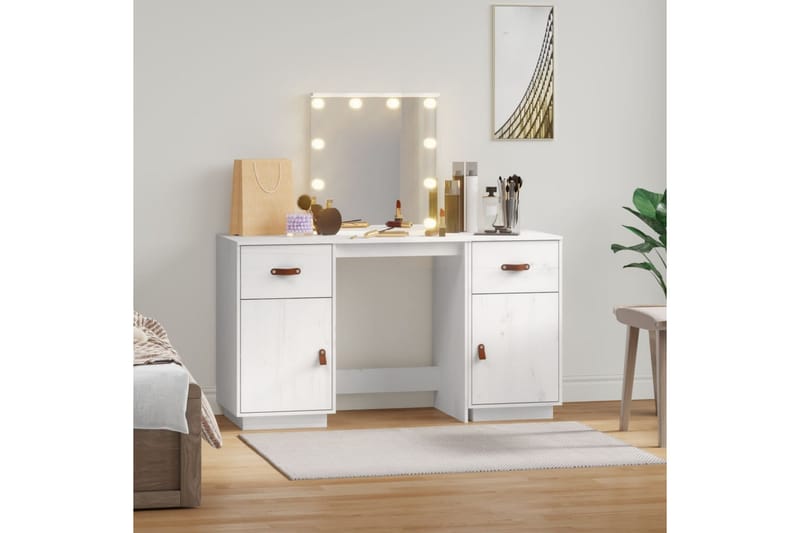beBasic Sminkbord med spegel LED vit massiv furu - Möbler - Bord