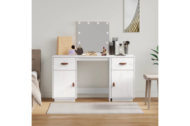 beBasic Sminkbord med spegel LED vit massiv furu - Möbler - Bord