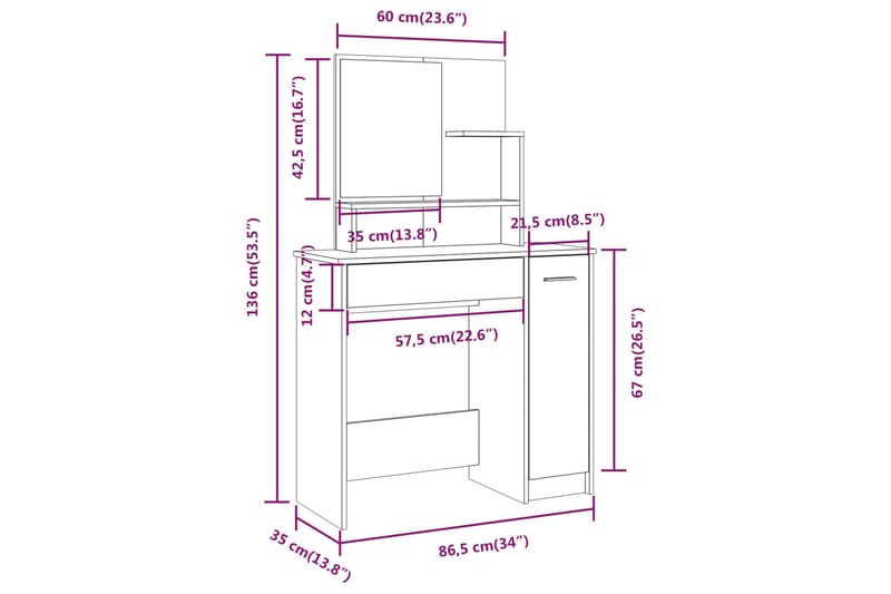 beBasic Sminkbord med spegel vit högglans 86,5x35x136 cm - Bord - Sminkbord