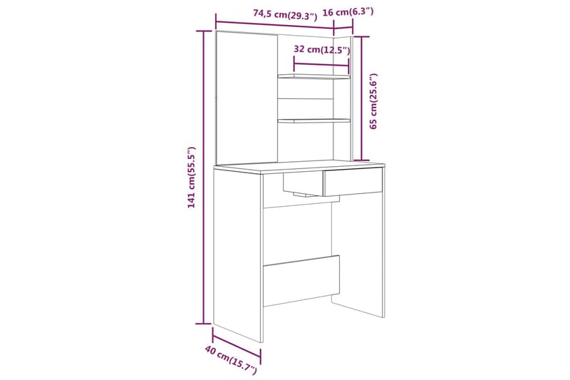 beBasic Sminkbord set vit högglans 74,5x40x141 cm - Möbler - Bord