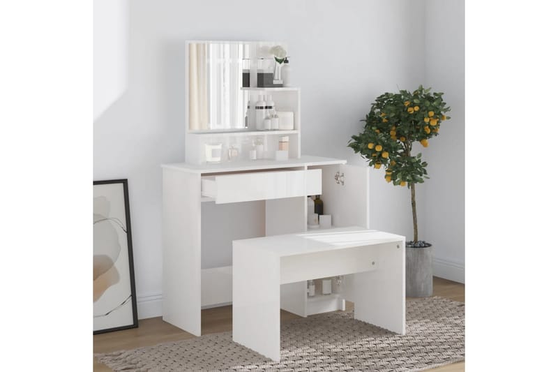 beBasic Sminkbord set vit högglans 86,5x35x136 cm - Möbler - Bord