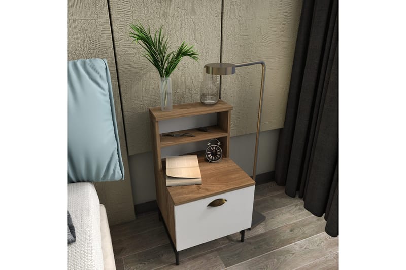 Desgrar Sängbord & Nattduksbord 45x22,5 cm i Trä med Valnötsutseende, Förvaring med Låda - Vit - Möbler - Bord