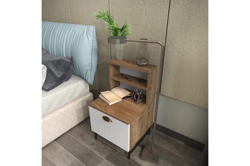 Desgrar Sängbord & Nattduksbord 45x22,5 cm i Trä med Valnötsutseende, Förvaring med Låda - Vit - Möbler - Bord
