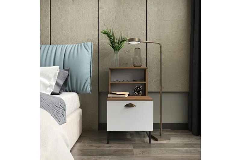 Desgrar Sängbord & Nattduksbord 45x22,5 cm i Trä med Valnötsutseende, Förvaring med Låda - Vit - Möbler - Bord