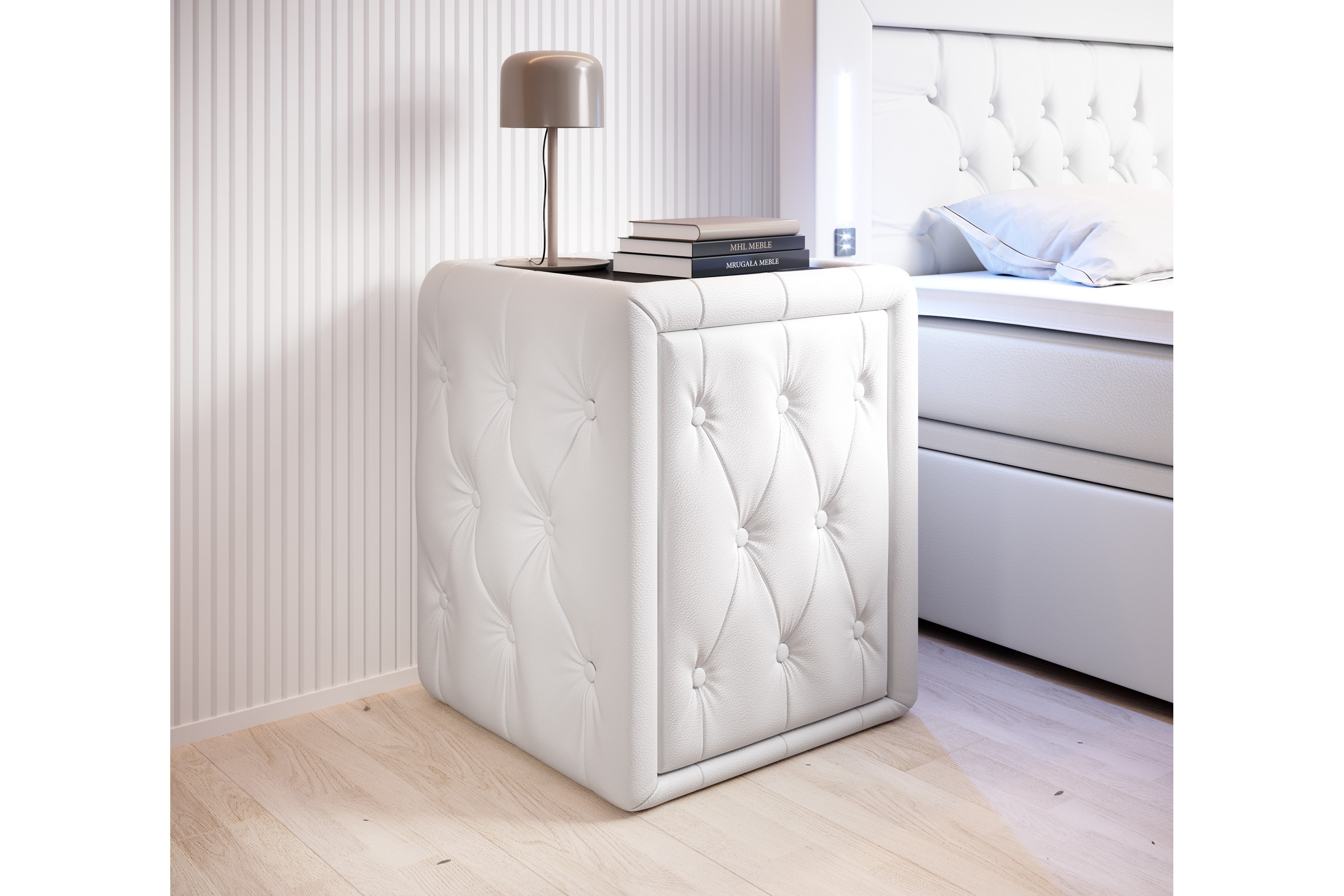 elio sängbord 58 cm med förvaring låda vit konstläder -