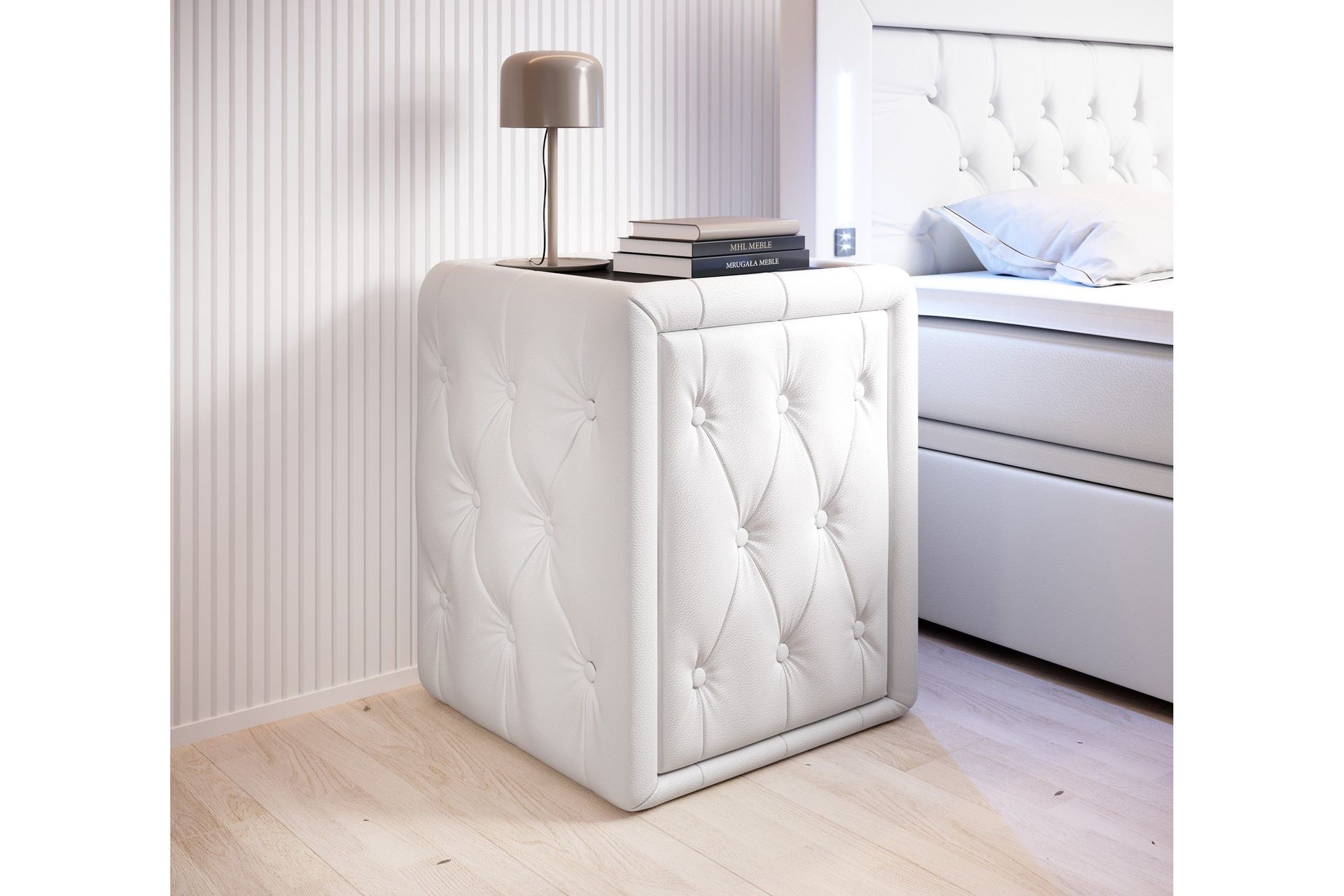 franco sängbord 58 cm med förvaring låda - vit konstläder