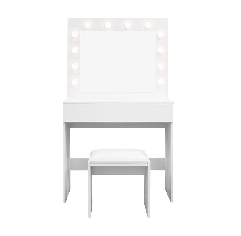 Glow Litet sminkbord 80 cm med spegel lådor och pall -  LED Belysning - Vit - Möbler - Bord
