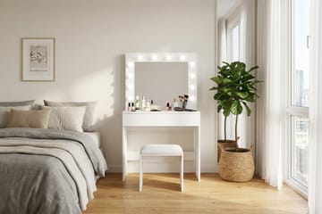 Glow Litet sminkbord 80 cm med spegel lådor och pall -  LED Belysning - Vit - Möbler - Bord
