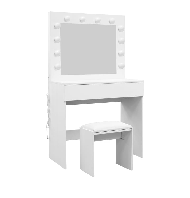 Glow Litet sminkbord 80 cm med spegel lådor och pall -  LED Belysning - Vit - Möbler - Bord