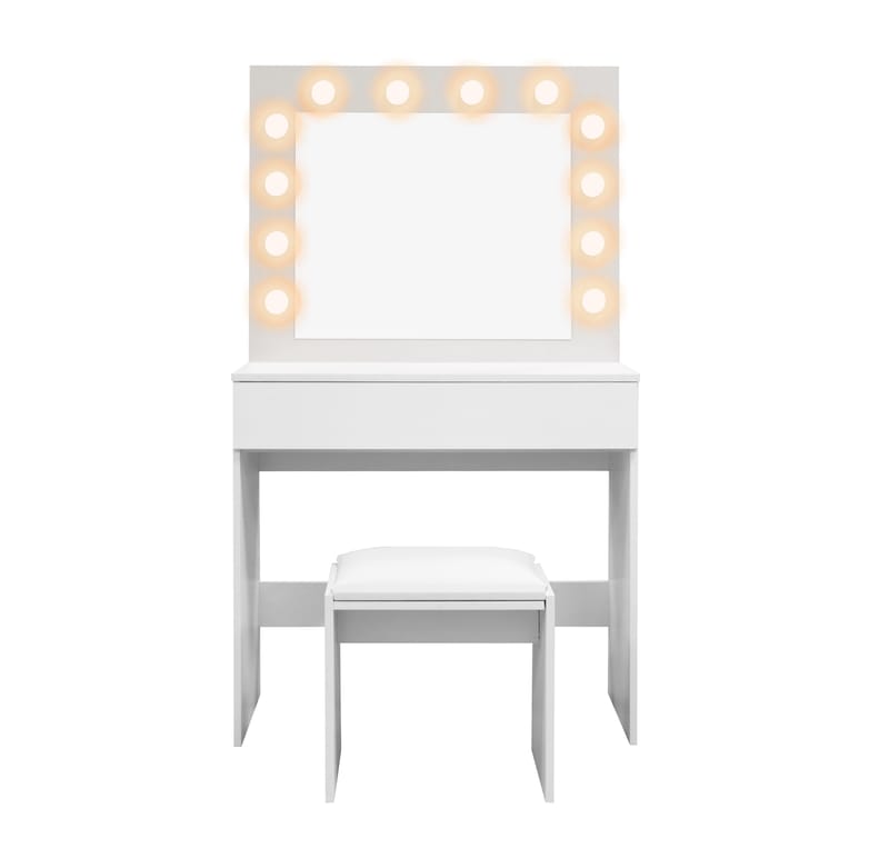 Glow Litet sminkbord 80 cm med spegel lådor och pall -  LED Belysning - Vit - Möbler - Bord