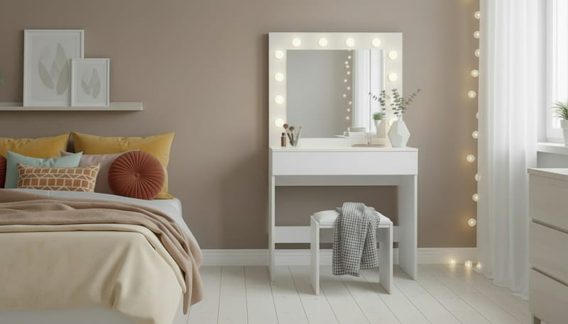 Glow Litet sminkbord 80 cm med spegel lådor och pall -  LED Belysning Vit - Möbler - Bord