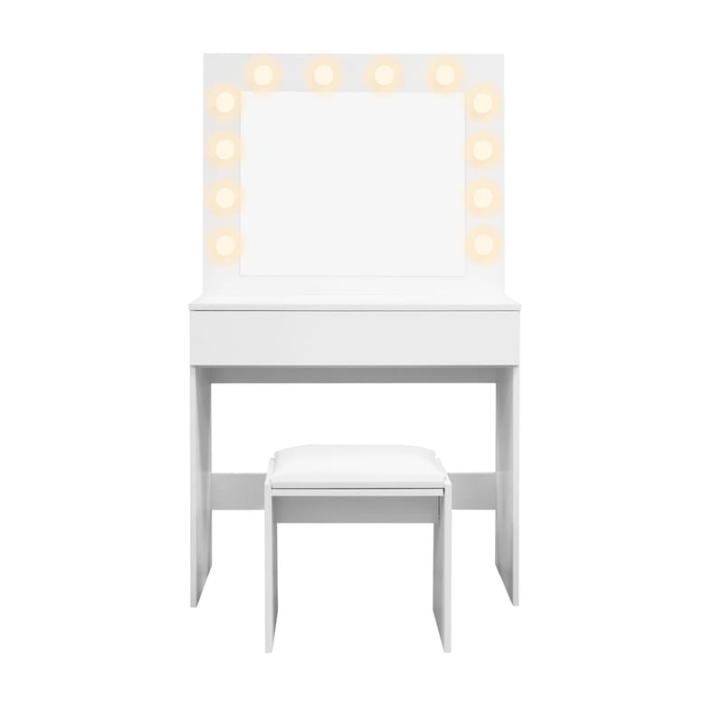 Glow Litet sminkbord 80 cm med spegel lådor och pall -  LED Belysning - Vit - Möbler - Bord