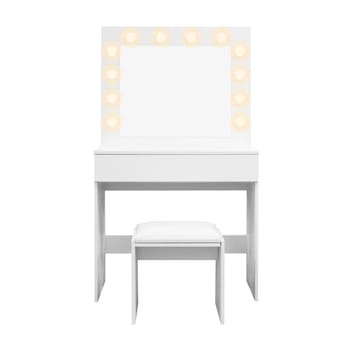 Glow Litet sminkbord 80 cm med spegel lådor och pall -  LED Belysning - Vit - Möbler - Bord