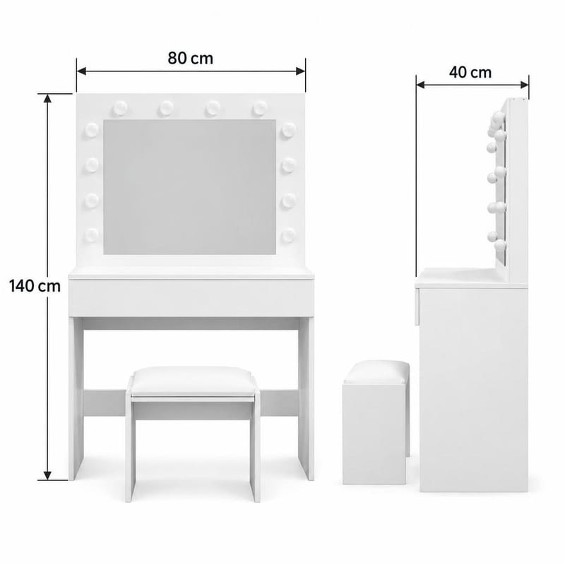 Glow Litet sminkbord 80 cm med spegel lådor och pall -  LED Belysning - Vit - Möbler - Bord
