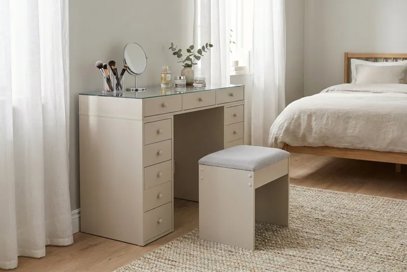Glow Sminkbord 120 cm med glasskiva förvaring med lådor - Beige - Möbler - Bord