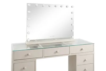Glow Sminkbord 120 cm med Glasskiva Förvaring och Lådor samt Spegel 80 cm med Belysning - Beige - Möbler - Bord