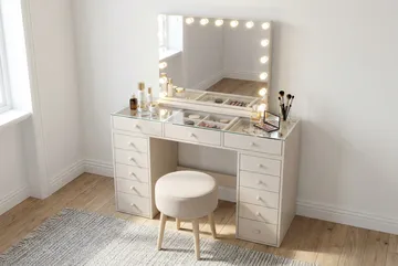 Glow Sminkbord 120 cm med Glasskiva Förvaring och Lådor samt Spegel 80 cm med Belysning - Beige - Möbler - Bord