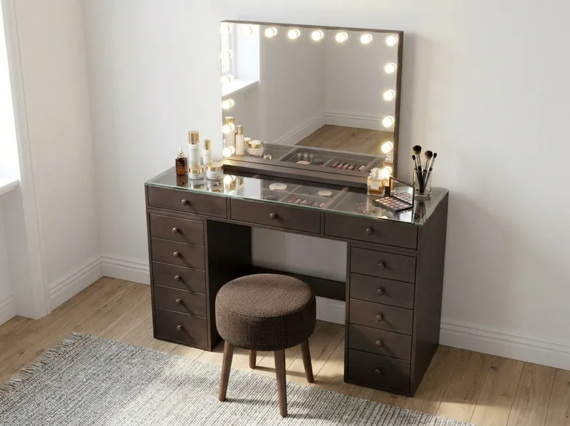 Glow Sminkbord 120 cm med Glasskiva Förvaring och Lådor samt Spegel 80 cm med Belysning - Brun - Möbler - Bord