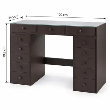 Glow Sminkbord 120 cm med Glasskiva Förvaring och Lådor samt Spegel 80 cm med Belysning - Brun - Möbler - Bord