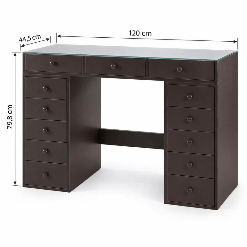 Glow Sminkbord 120 cm med Glasskiva Förvaring och Lådor samt Spegel 80 cm med Belysning - Brun - Möbler - Bord