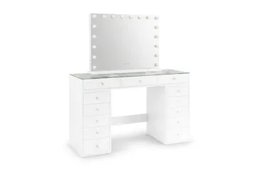 Glow Sminkbord 120 cm med Glasskiva Förvaring och Lådor samt Spegel 80 cm med Belysning - Vit - Möbler - Bord