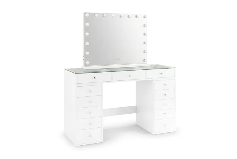 Glow Sminkbord 120 cm med Glasskiva Förvaring och Lådor samt Spegel 80 cm med Belysning - Vit - Möbler - Bord