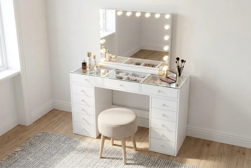 Glow Sminkbord 120 cm med Glasskiva Förvaring och Lådor samt Spegel 80 cm med Belysning - Vit - Möbler - Bord
