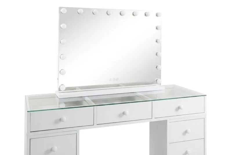 Glow Sminkbord 120 cm med Glasskiva Förvaring och Lådor samt Spegel 80 cm med Belysning - Vit - Möbler - Bord