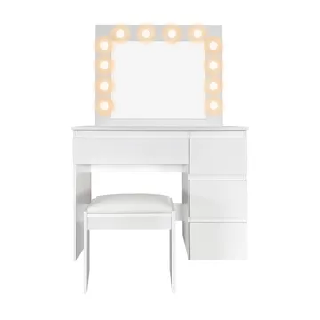 Glow Sminkbord 94 cm med spegel lådor och pall - LED Belysning - Vit - Möbler - Bord