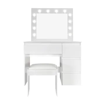 Glow Sminkbord 94 cm med spegel lådor och pall - LED Belysning - Vit - Möbler - Bord