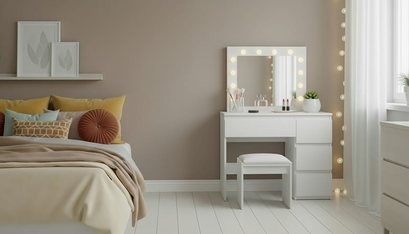 Glow Sminkbord 94 cm med spegel lådor och pall - LED Belysning - Vit - Möbler - Bord