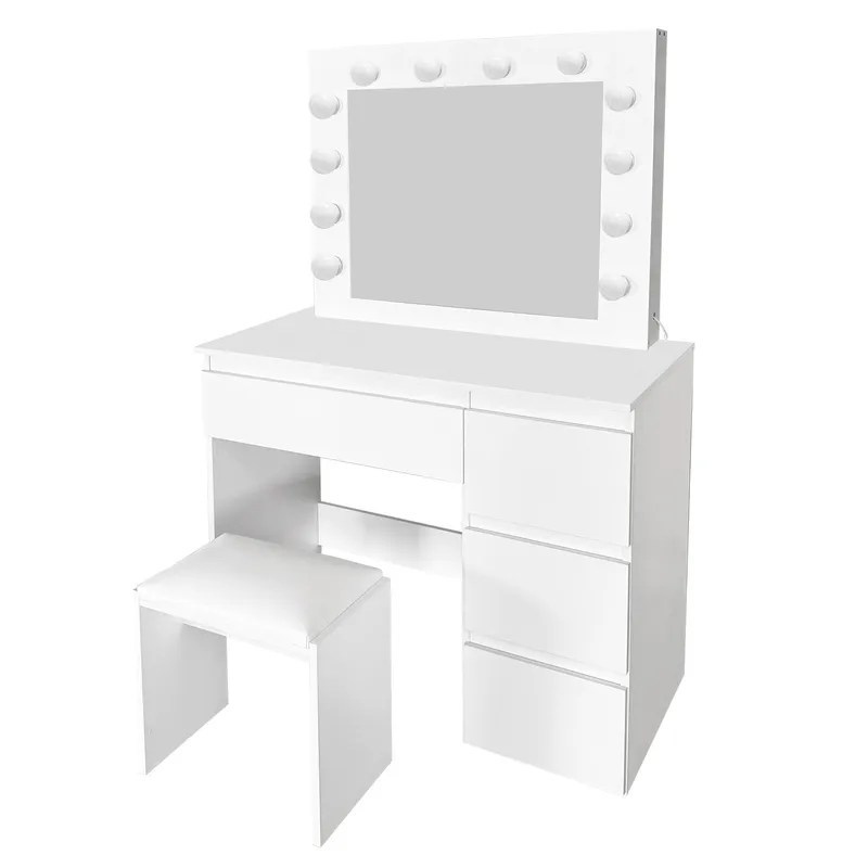 Glow Sminkbord 94 cm med spegel lådor och pall - LED Belysning - Vit - Möbler - Bord