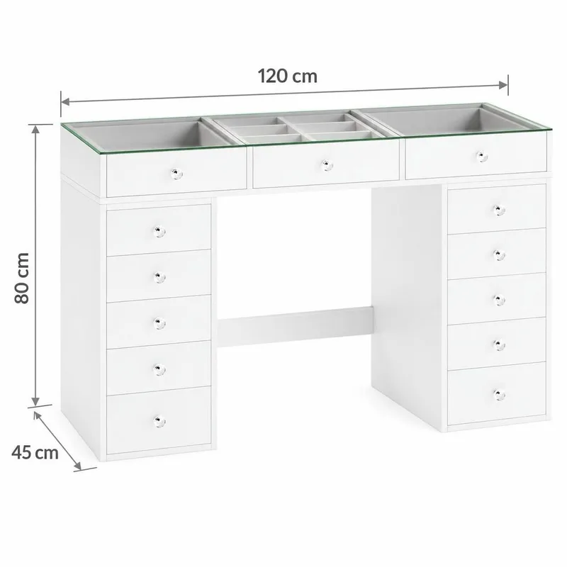 Glow Stort sminkbord med glasskiva - Förvaring med lådor och fack  120 cm - Vit - Möbler - Bord