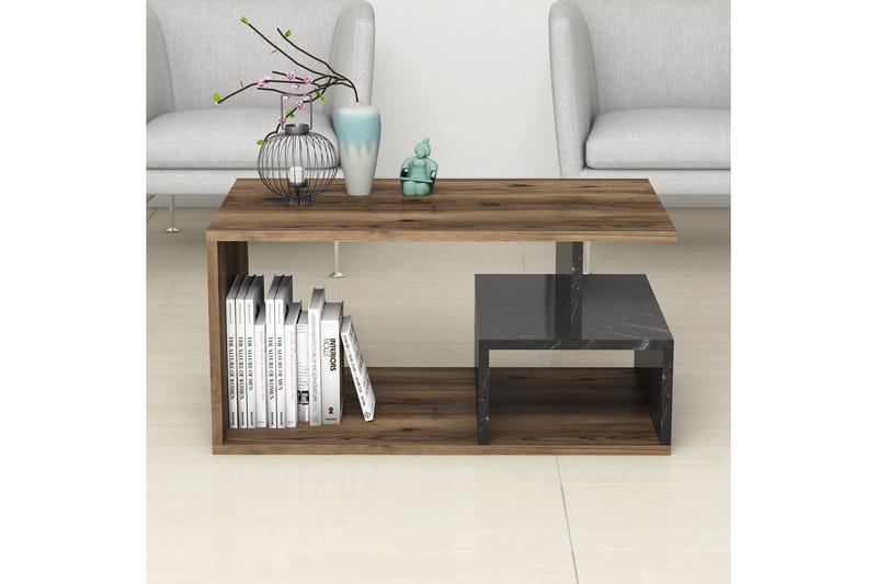 GOIANIA Soffbord 90 cm med Förvaring Marmormönster Natur/Sva - Möbler - Bord