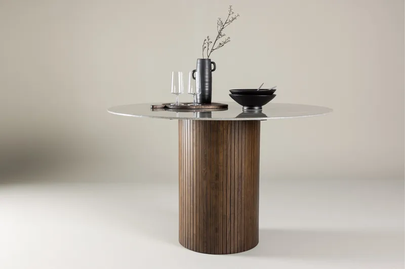 Härön Runt Matbord 120 cm i Glas med Marmorutseende - Brun - Möbler - Bord