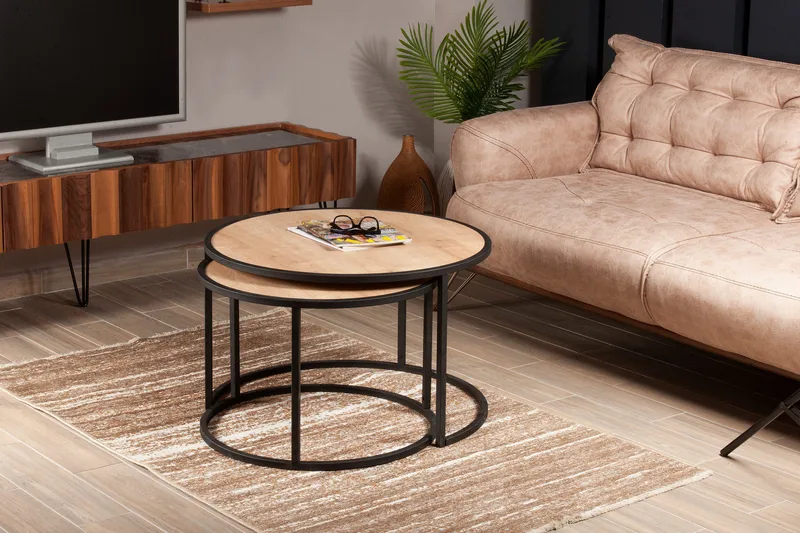 Hejde Satsbord 80 cm Runt 2 Bord - Ljusbrun/Svart - Möbler - Bord