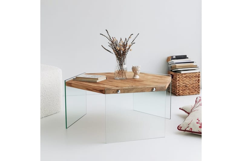 Huven 80 cm Hexagon Soffbord med Glasben i Furu - Natur - Möbler - Bord