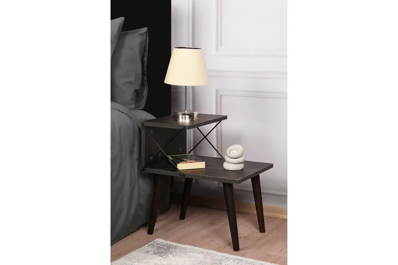 Kaysie Retro Sängbord 50 cm med Trä- och Valnötsutseende, Förvaring med Hyllor - Mörkbrun - Möbler - Bord