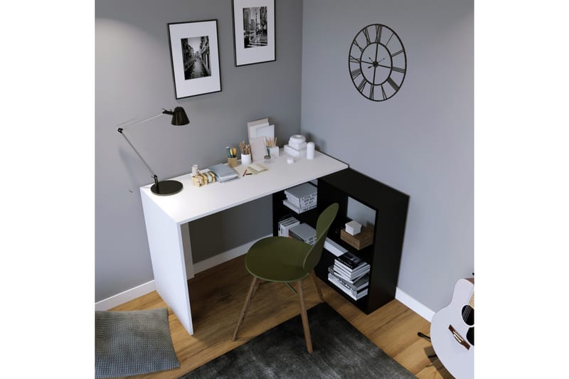 KIZIK Hörnsskrivbord 120 cm med Förvaring Vit/Svart - Skrivbord - Bord