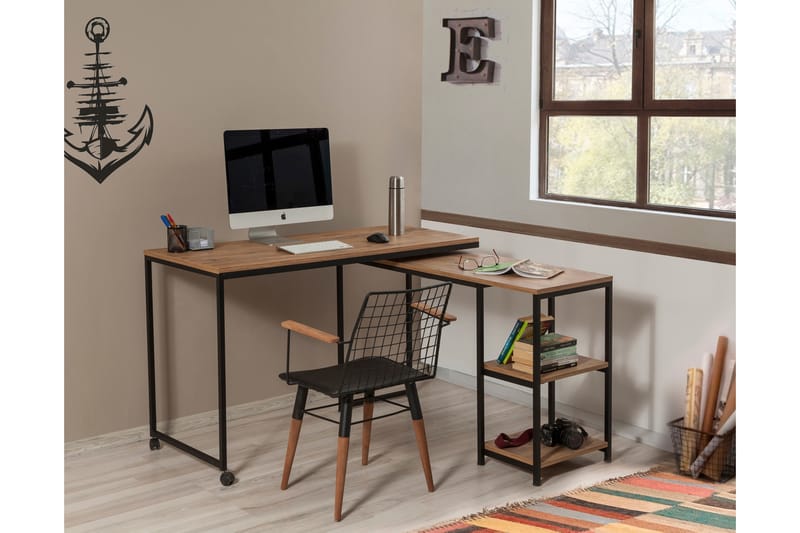 LONGAGES Skrivbord 127 cm med Förvaring Hyllor Natur/Svart - Möbler - Bord