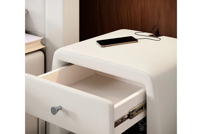 Lysander Sängbord 48 cm med Förvaring Låda - Vit Konstläder - Möbler - Bord