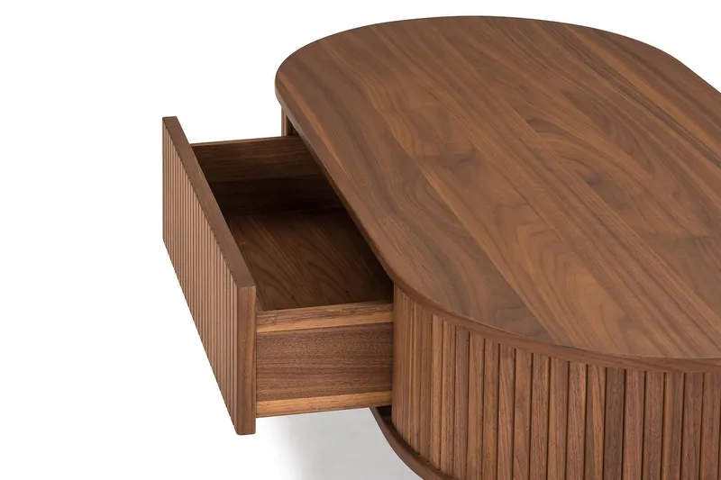 Noira Ovalt Soffbord Valnöt 118x60 cm med förvaring låda - Brun / Mörkbrunt Trä / Ribbad - Möbler - Bord