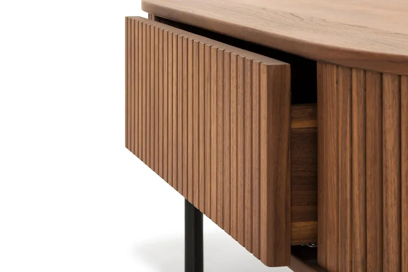 Noira Ovalt Soffbord Valnöt 118x60 cm med förvaring låda - Brun / Mörkbrunt Trä / Ribbad - Möbler - Bord