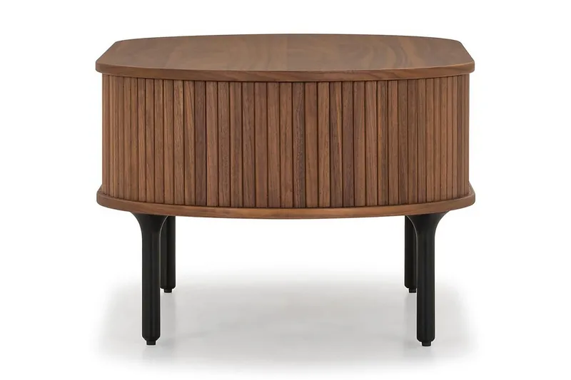 Noira Ovalt Soffbord Valnöt 118x60 cm med förvaring låda - Brun / Mörkbrunt Trä / Ribbad - Möbler - Bord