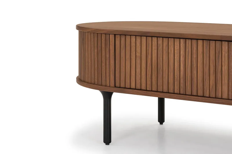 Noira Ovalt Soffbord Valnöt 118x60 cm med förvaring låda - Brun / Mörkbrunt Trä / Ribbad - Möbler - Bord